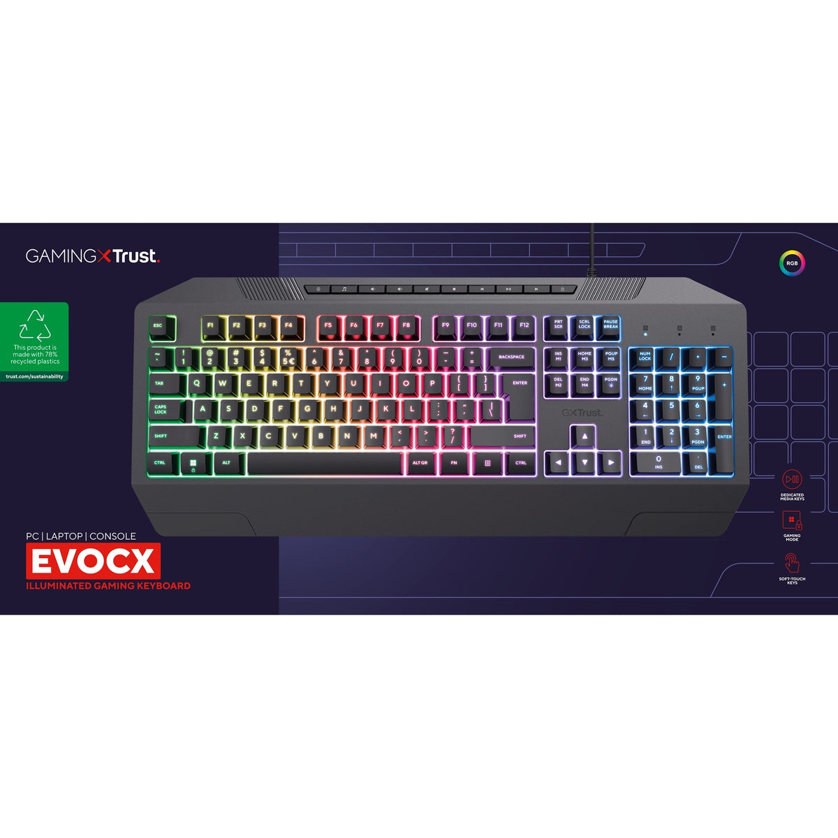 Tastiera gaming Trust GXT 836 EVOCX RGB (nera, layout USA (QWERTY), membrana, 100%, RGB)
