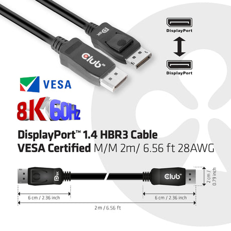Cavo Club 3D Displayport 1.4 certificato Vesa maschio-maschio (nero, 2 metri, 8k 60hz, 32,4gbps)