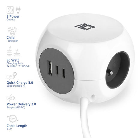 Act connettività cubo multipresa act con 3 prese, erogazione di potenza da 30 W, porte USB-C A, lunghezza cavo 1,5 m AC2425