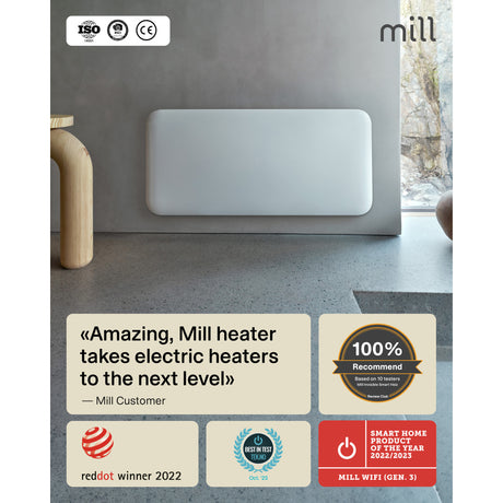 Pannello riscaldatore WiFi Mill Steel pa1500wifi4a, termoconvettore da 1500 watt (bianco, WiFi 2,4 GHz (WiFi 6), Bluetooth 5.2, ZigBee 3.0 + app)