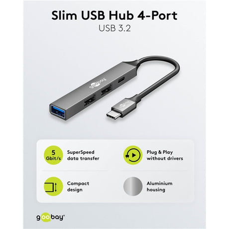 Hub USB sottile Goobay con 4 porte, da USB-C a USB-C USB-A, 5 Gbit s (grigio chiaro)