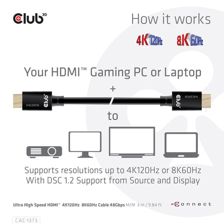 Cavo certificato Club 3D ultra veloce HDMI 2.1 maschio-maschio (nero, 3 metri, 4K 120Hz, 8K 60Hz, 48Gbps)