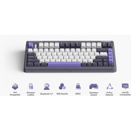 Tastiera meccanica wireless Iqunix og80 lavandin (lavanda, layout us (qwerty), cherry mx brown, 80% (tkl), hot-swapable, pbt, 2.4ghz | bluetooth 5.1 | usb-c)