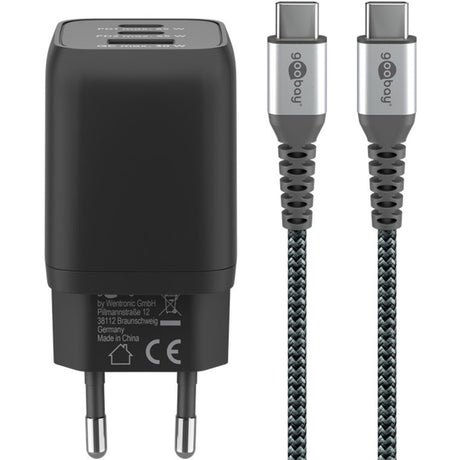 Caricabatterie rapido Goobay USB-C nano (65 W) e cavo tessile USB-C (nero, 1 metro)