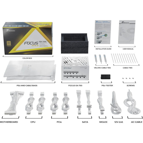 Alimentatore stagionale focus-gx-750-v4 atx3.0 modulare da 750 watt (bianco, 1x 12vhpwr, 2x pcie)