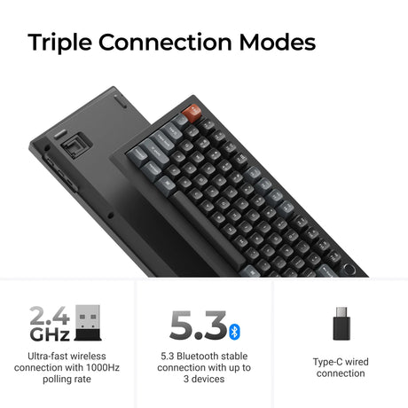 Tastiera meccanica personalizzata Keychron v3 ultra 8K wireless (nera, layout americano (qwerty), pompon in seta rosso, 80% (tkl), rgb, hot swap, 2,4 ghz | bluetooth 5.3 | usb-c)