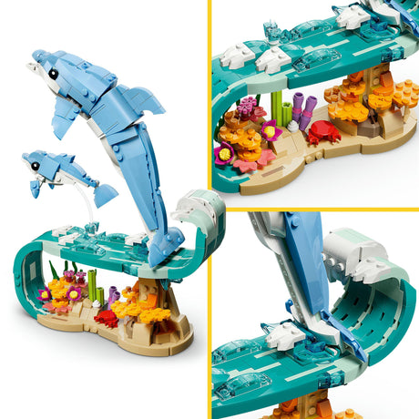 Animali marini 3 in 1 LEGO® Creator: bellissimi delfini - ricostruibili in cavalluccio marino o granchio - 31385
