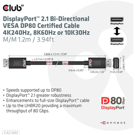 Cavo certificato Club 3D DisplayPort 2.1 Vesa DP80 maschio-maschio (nero, 1,2 metri, 4K 240Hz, 8K 60Hz, 80Gbps)