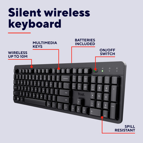Tastiera wireless Trust Ody II (nera, layout EU (QWERTY), membrana, silenziosa)