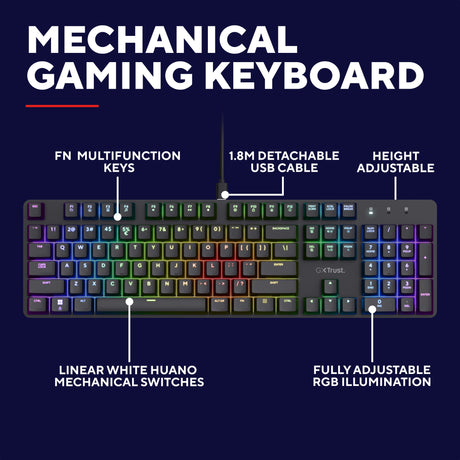 Tastiera da gioco meccanica Trust GXT 871 Zora (nera, layout USA (QWERTY), Huano Red, 100%, RGB)