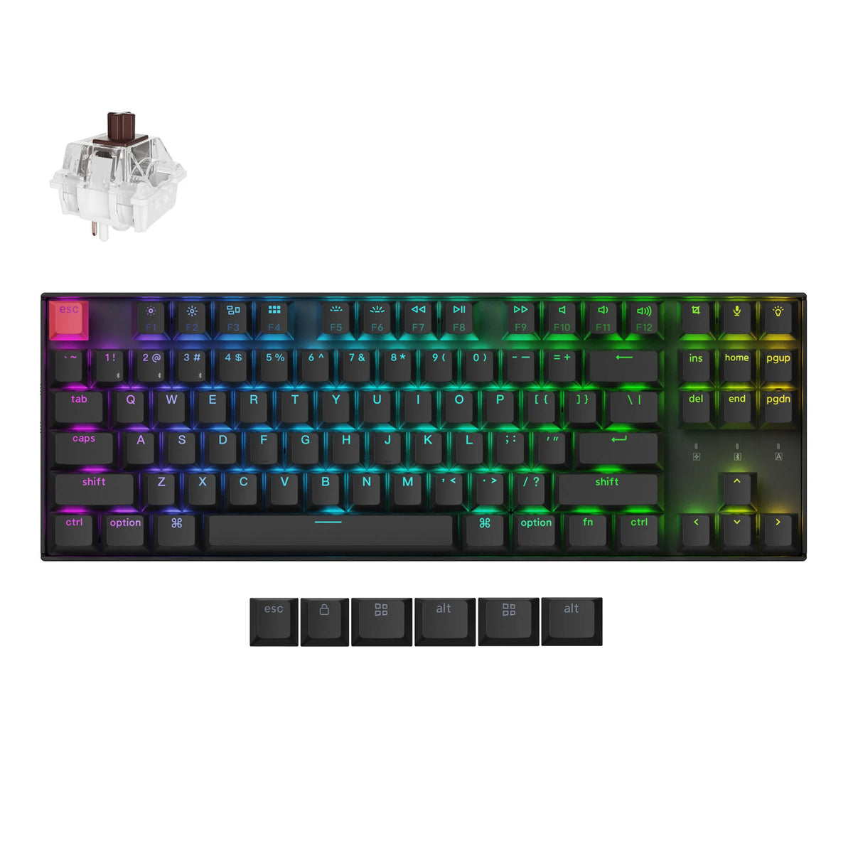 Tastiera meccanica Keychron k8x-h3 rgb (nera, layout us (qwerty), super marrone, 80% (tkl), rgb, copritasti cherry double-shot pbt, hot swap, bluetooth | usb-c)