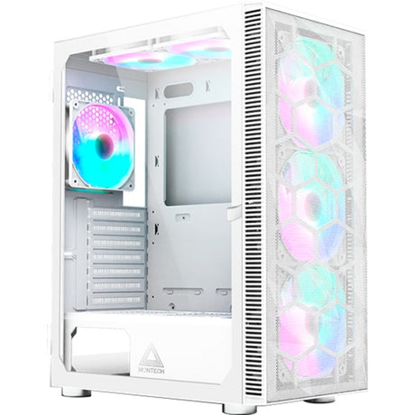 Custodia midi tower Montech x3 mesh (bianco | 3x USB-A | RGB | vetro temperato)
