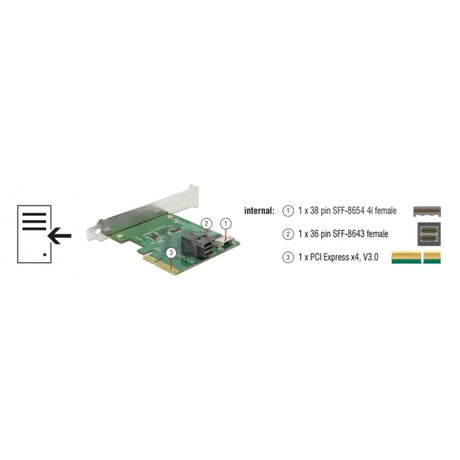 Delock scheda pci express x4 u.2 nvme a 1 x sff-8654 interno 4i + 1 x sff-8643 interno – adattatore con fattore di forma a basso profilo (argento)