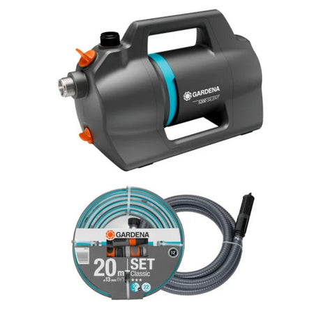 Gardena pompa per irrigazione 5200 set silenzioso con tubo flessibile e unità di aspirazione (turchese grigio scuro, 09085-20 | pompa | tubo da 20 m | aspiratore da 3,5 m)
