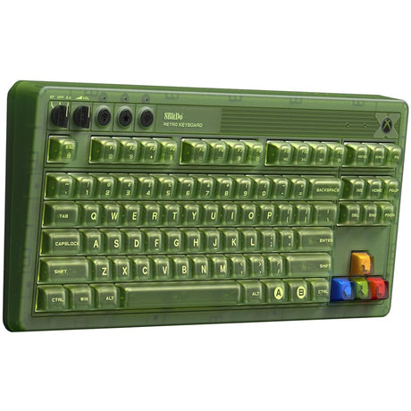 Tastiera meccanica 8bitdo retro 87 - edizione xbox (verde, layout us (qwerty), kailh box jellyfish x, 80% (tkl), copritasti in abs, bluetooth 5.0, wireless 2.4g, USB)