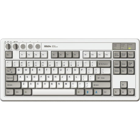 Tastiera meccanica retrò 8bitdo edizione m (grigia, layout americano (qwerty), kailh box bianco, 80% (tkl), bluetooth a basso consumo energetico, wireless 2.4g, USB)