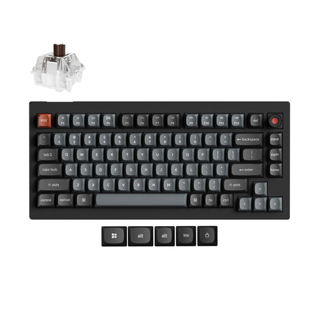 Keychron v1w-d3 8k qmk tastiera meccanica personalizzata cablata (nera, layout us (qwerty), super marrone, 75%, led rgb, pbt double-shot, hot swap, 8k, pulsante)
