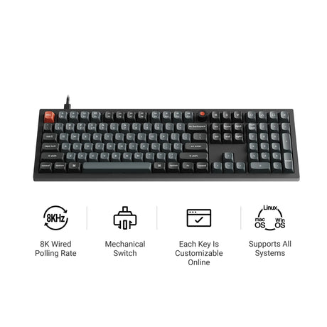 Keychron v6w-d3 8k qmk tastiera meccanica personalizzata cablata (nera, layout us (qwerty), super marrone, 100%, led rgb, pbt double-shot, hot swap, 8k, pulsante)
