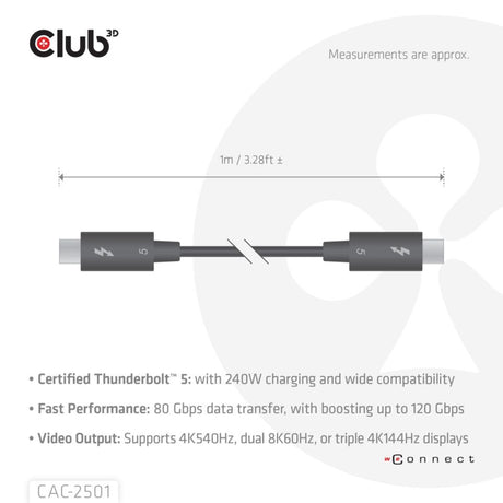 Cavo Club 3d Thunderbolt 5 certificato 8k240hz (nero, dati 80 120 gbps, epr 240 watt, 1 metro)