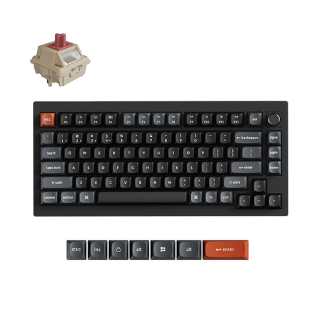 Tastiera meccanica personalizzata wireless Keychron v1 ultra 8K (nera, layout americano (qwerty), pompon in seta rosso, 75%, rgb, hot swap, 2,4 ghz | bluetooth 5.3 | usb-c)