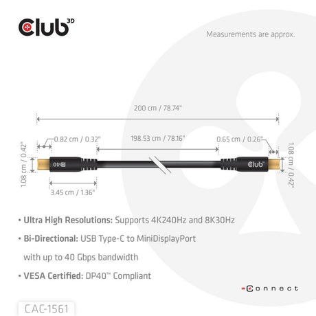 Adattatore bidirezionale Club 3D da USB-C a Mini DisplayPort DP40 (nero, 2 metri, certificato Vesa)