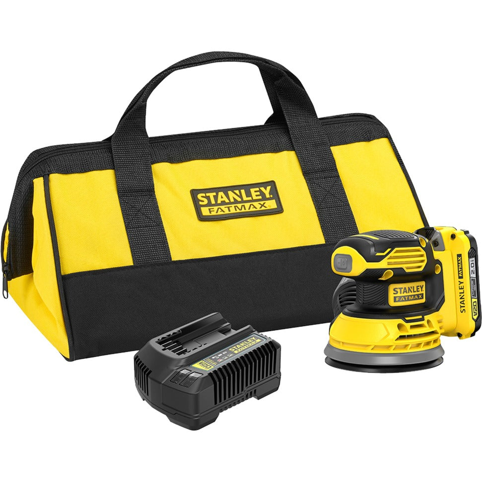 Levigatrice eccentrica Stanley fatmax v20 18v (giallo nero, borsa morbida, batteria (2.0ah) e caricabatterie (2a) inclusi)