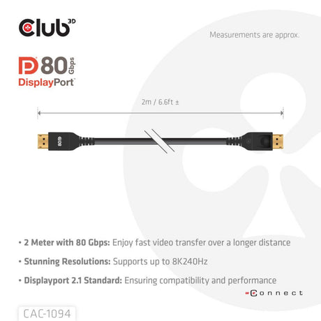 Cavo Displayport 2.1 Vesa DP80 certificato Club 3D (nero, 2 metri, 8k 240hz, 10k 60hz, 80gbps)