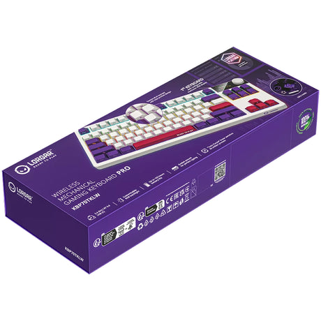 Tastiera da gioco meccanica Lorgar kbp70tklw rgb (bianca, layout us (qwerty), viola tossico logar, 80% (tkl), rgb, sostituibile a caldo, pbt double-shot, bluetooth | 2.4ghz | usb)