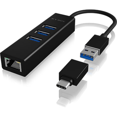 Hub USB Icy box ib-hub1419-lan (nero, 3x USB-A 3.2 (5 Gbit s), 1x LAN)