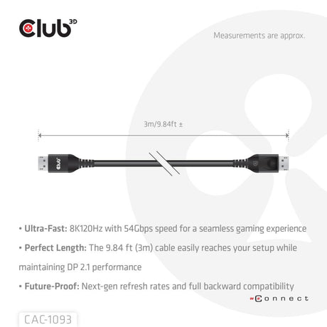 Cavo certificato Club 3D DisplayPort 2.1 Vesa DP54 maschio-maschio (nero, 3 metri, 4K 240Hz, 8K 120Hz, 54Gbps)