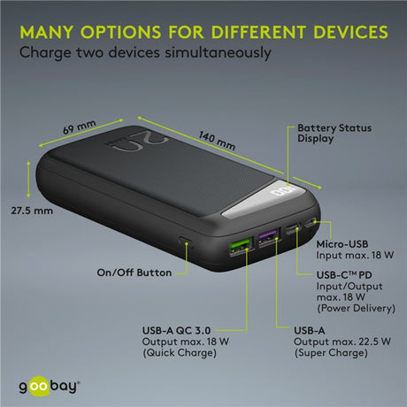Power bank a ricarica rapida Goobay 20.000 mAh - 74 wh (nero, USB-C PD, QC 3.0)