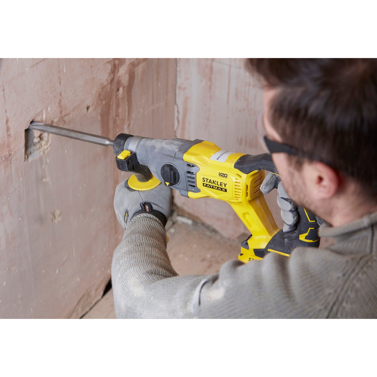 Stanley Fatmax V20 Kit combinato trapano a percussione a batteria senza spazzole da 18 V Trapano a percussione (Giallo Nero, SDS+, 2 batterie e caricabatterie inclusi, con custodia)