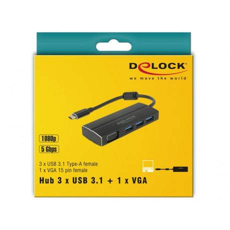Delock USB-C 3.1 > 3x USB-A 3.0 + 1x hub USB VGA (nero, 0,15 metri)