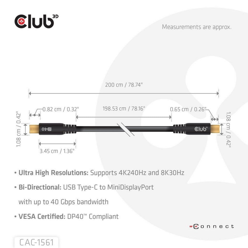 Adattatore bidirezionale Club 3D da USB-C a Mini DisplayPort DP40 (nero, 2 metri, certificato Vesa)