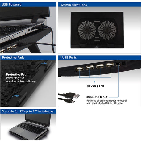 Supporto per laptop Act Connectivity, con ventola, regolabile in altezza in 2 posizioni (nero, hub USB 2.0 a 4 porte)