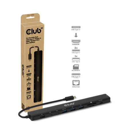 Club 3d 10-1 dock portatile da USB tipo C 10 Gbps a HDMI 8 K 30 Hz pd3.1 Docking station max. 140 Watt (nero, HDMI, USB-C, Lan)
