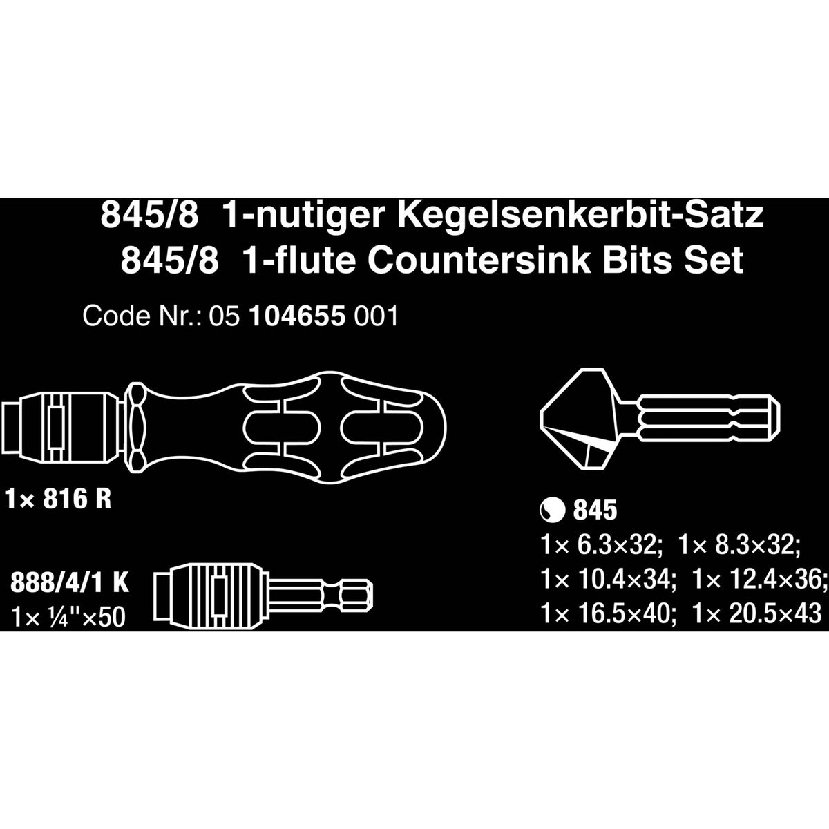 Wera 845 8 set di punte per svasatori, set di punte da 8 pezzi (nero verde)