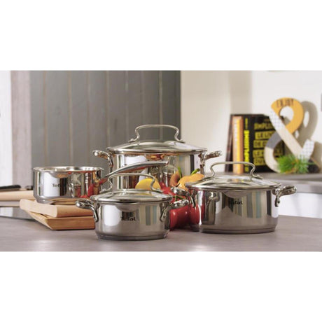 Set da cucina Tefal duetto+ in acciaio inox da 4 pezzi, pentola da 16 cm e pentole da 16, 20 e 24 cm adatte a tutte le fonti di calore.