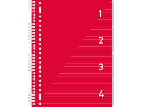 Blocco note A4 Kangaro 4 in 1, a righe rosse con linguette